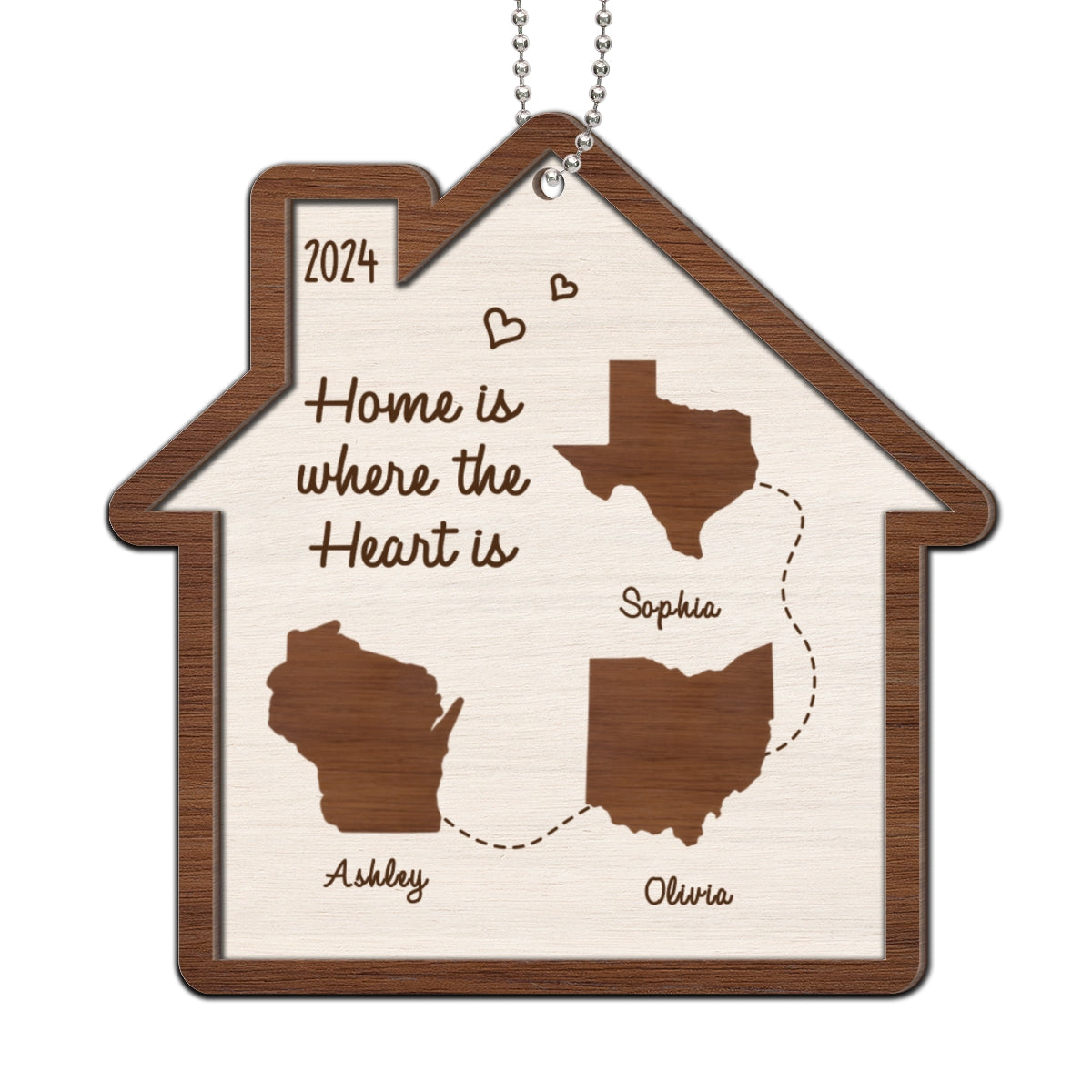Long Distance Family State Maps Personalized 2-Layer Wooden Ornament, Togetherness Ornament