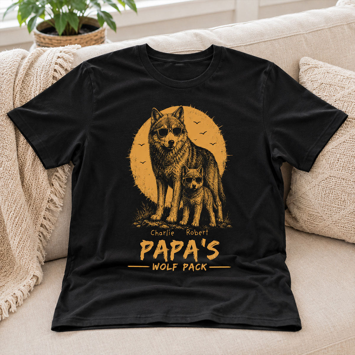 Retro Yellow Vintage Dad Grandpa Papa Wolf Pack - Personalized Shirt - Father's Day Gift For Dad, Husband