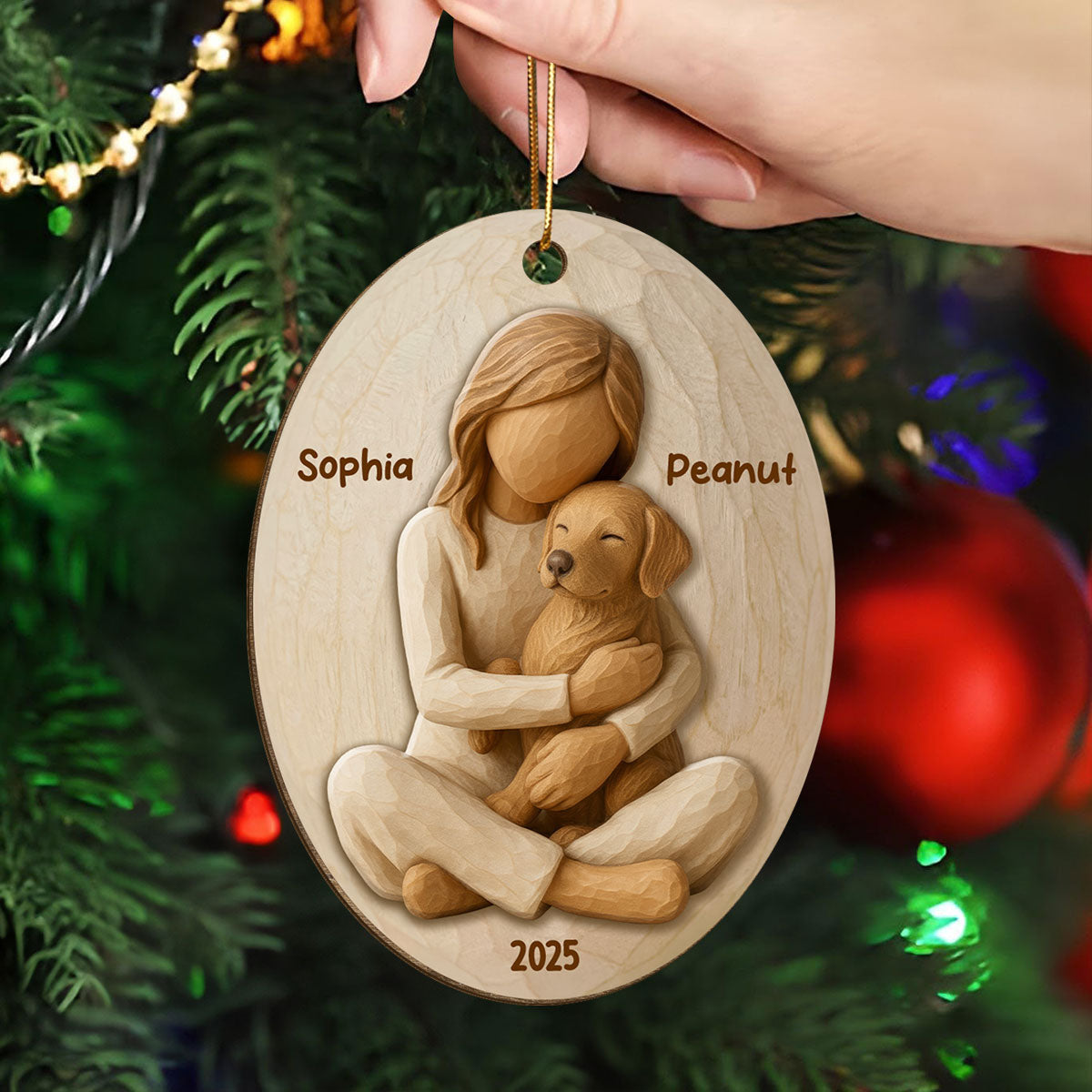 3D Effect Girl & Her Dog - Personalized Wooden Ornament - Gift For Dog Lover