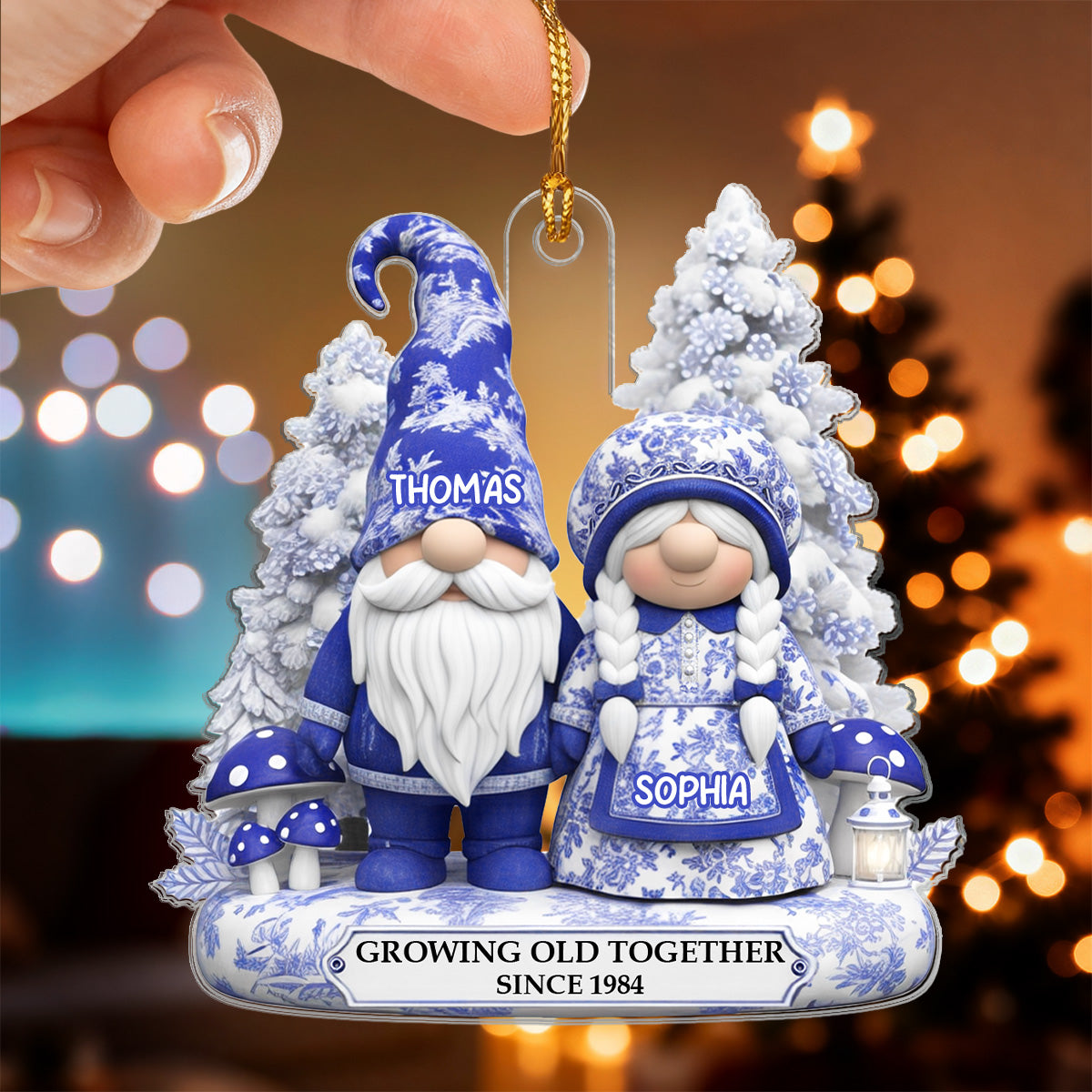 3D Effect Standing Gnome Couple Toile De Jouy Pattern - Personalized Acrylic Ornament