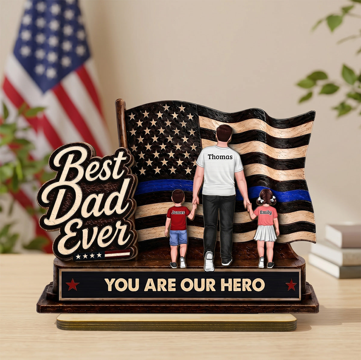 Best Dad Ever Our Hero American Flag 2D Flat - Personalized 2-Layered Wooden Plaque -  Gift For Patriotic Dad, Grandpa, Husband