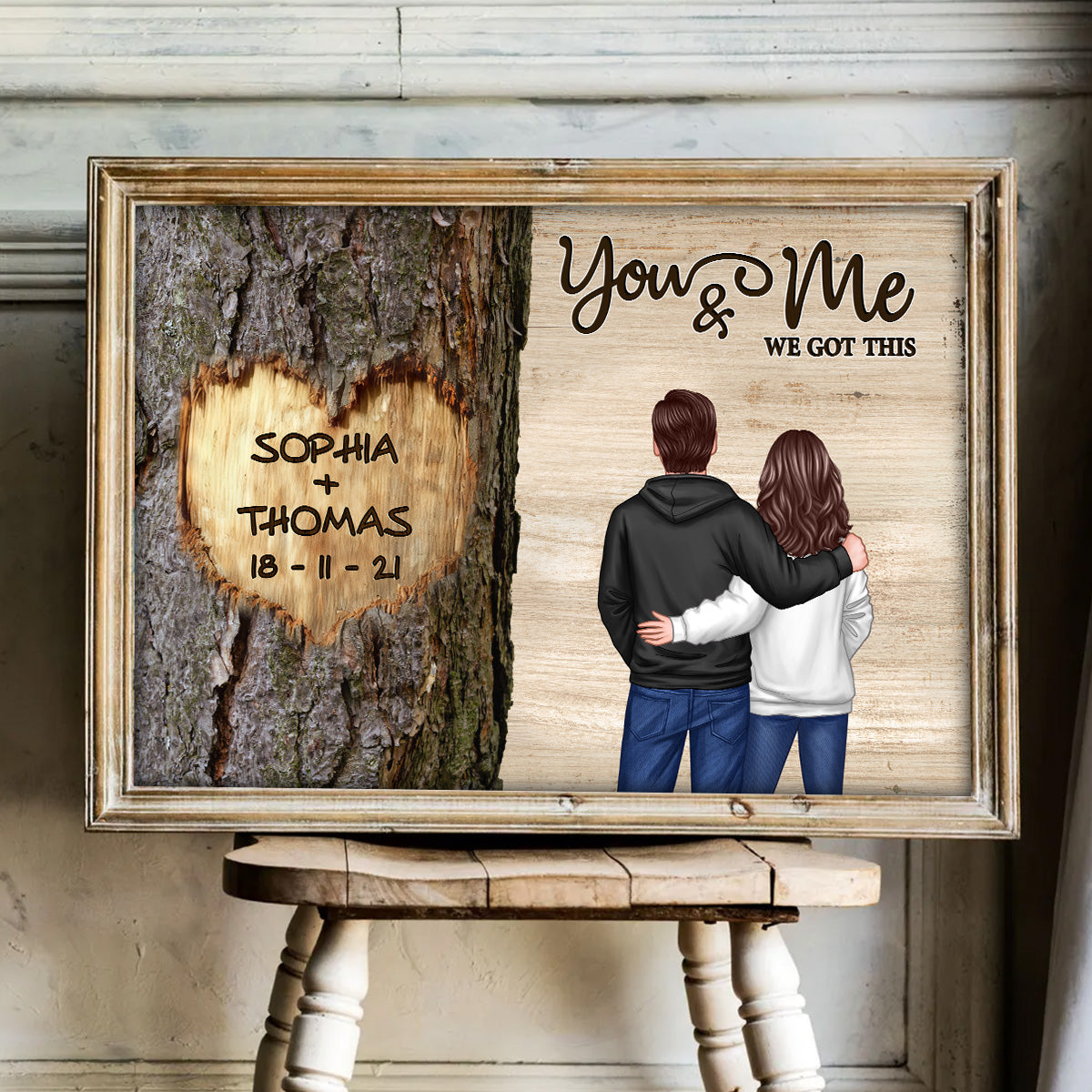 Couple Standing Side By Side Back View Heart Carved Tree - Personalized Poster - Anniversary Gift, Valentine's Gift For Him, For Her