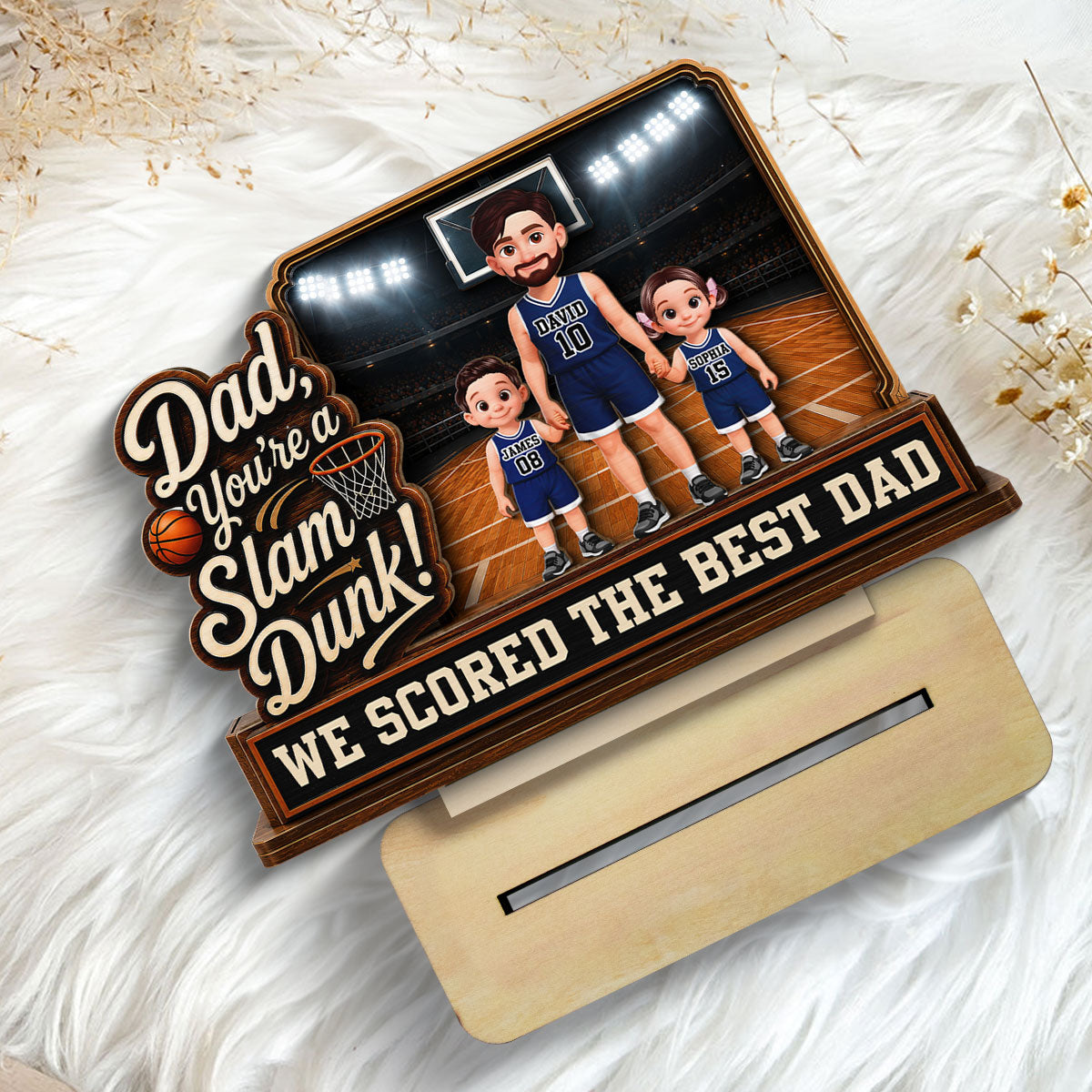 Dad You Are A Slam Dunk Basketball Man & Kids 2D Flat - Personalized 2-Layered Wooden Plaque -  Gift For Basketball Dad