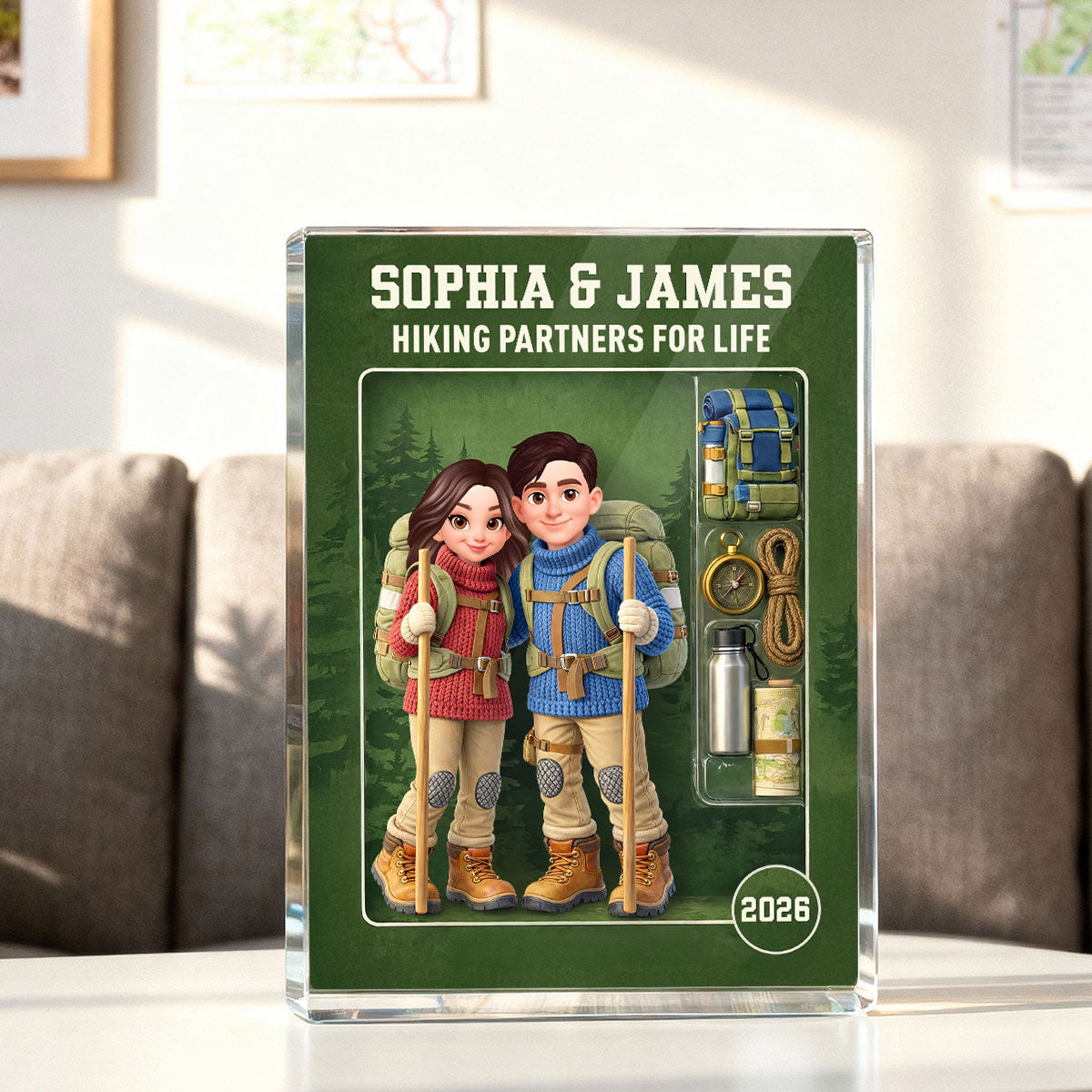Hiking Couple Action Figure - Personalized Acrylic Block Plaque - Anniversary, Valentine's Day Gift, Gift For Him, Gift For Her