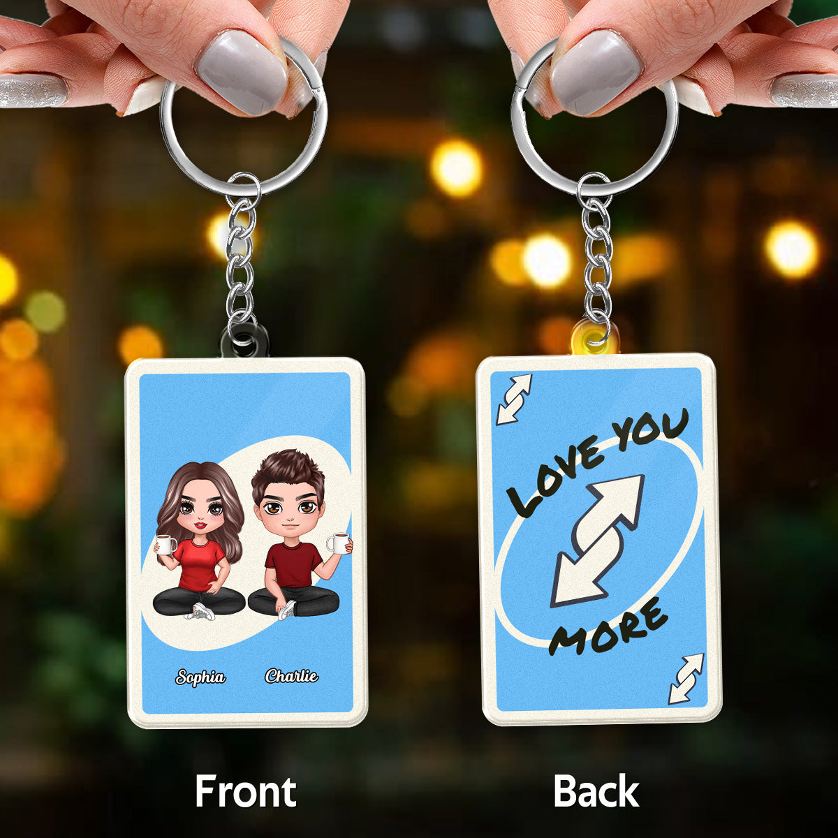 Love You More Game Card Style Doll Cartoon Couple - Personalized Acrylic Keychain - Valentine's Day Gift, Anniversary Gift For Him, For Her