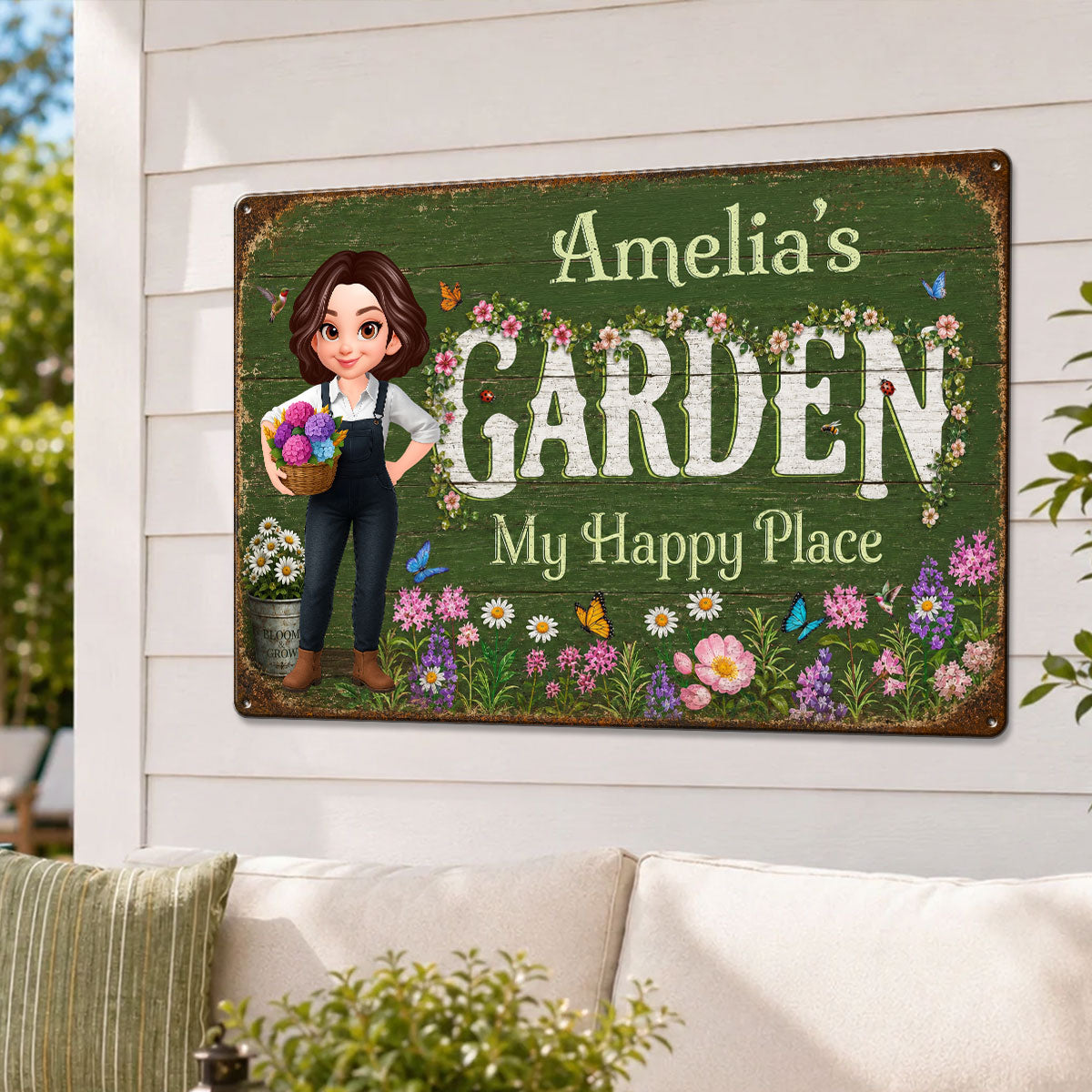My Happy Place Flower Garden - Personalized Metal Sign - Gift for Her