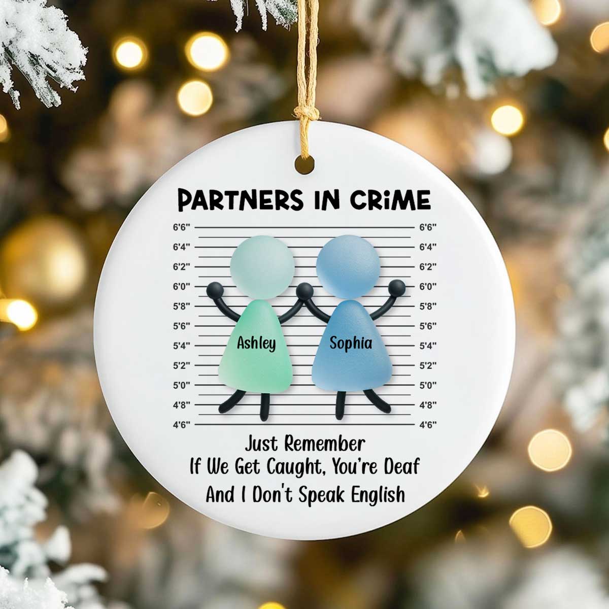 Partners in Crime Sea Glass Besties - Personalized Ceramic Ornament With Acrylic - Christmas Gift for Best Friends