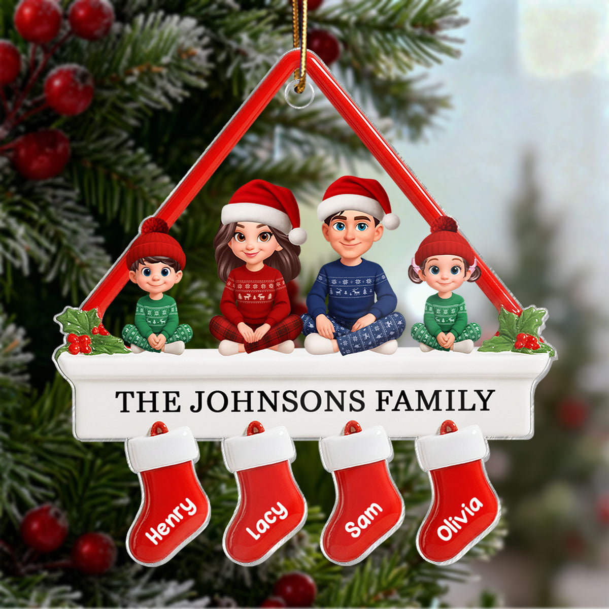 3D Effect Family Sitting On Christmas Mantel - Personalized Acrylic Ornament
