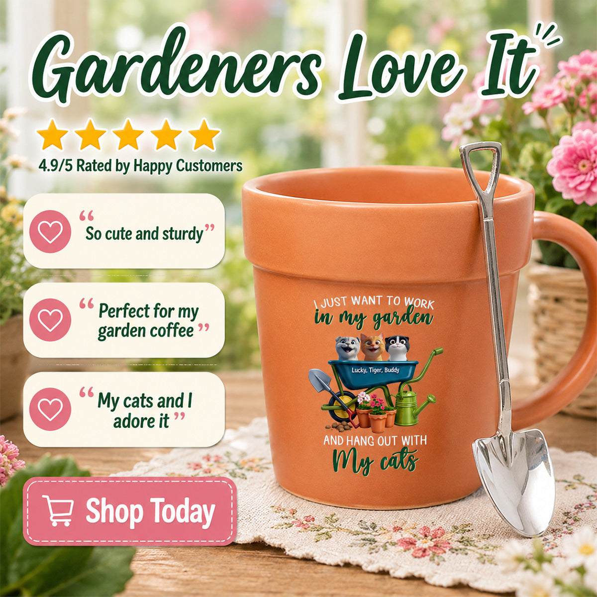 Just Want To Work In My Garden With My Cats - Personalized Plant Pot Ceramic Mug - Gift For Gardening Lovers