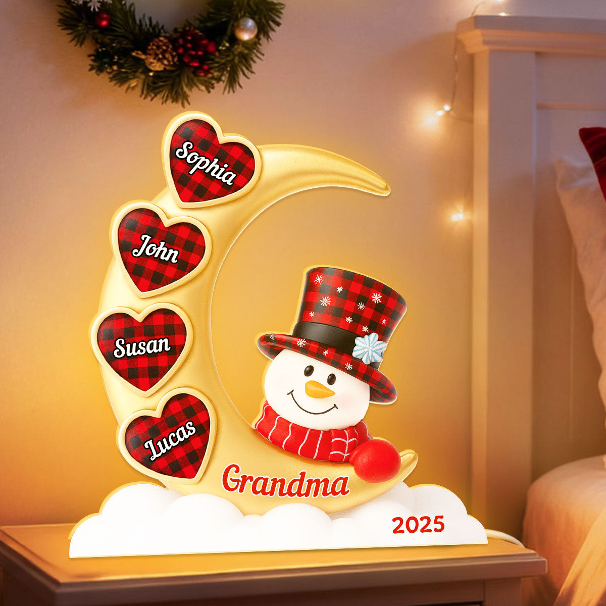 Snowman Grandma And Grandkids On Moon - Personalized Light box - Perfect Christmas Gift for Grandma