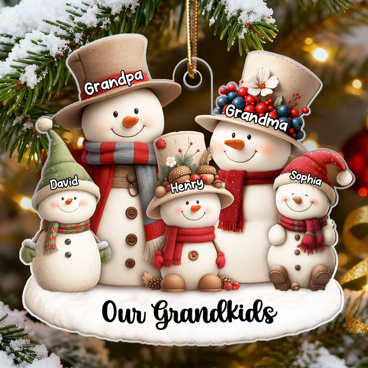 Whimsical Snowman Christmas Grandparents with Grandkids - Personalized Acrylic Ornament - Chritsmas Gift for Grandma, Grandpa