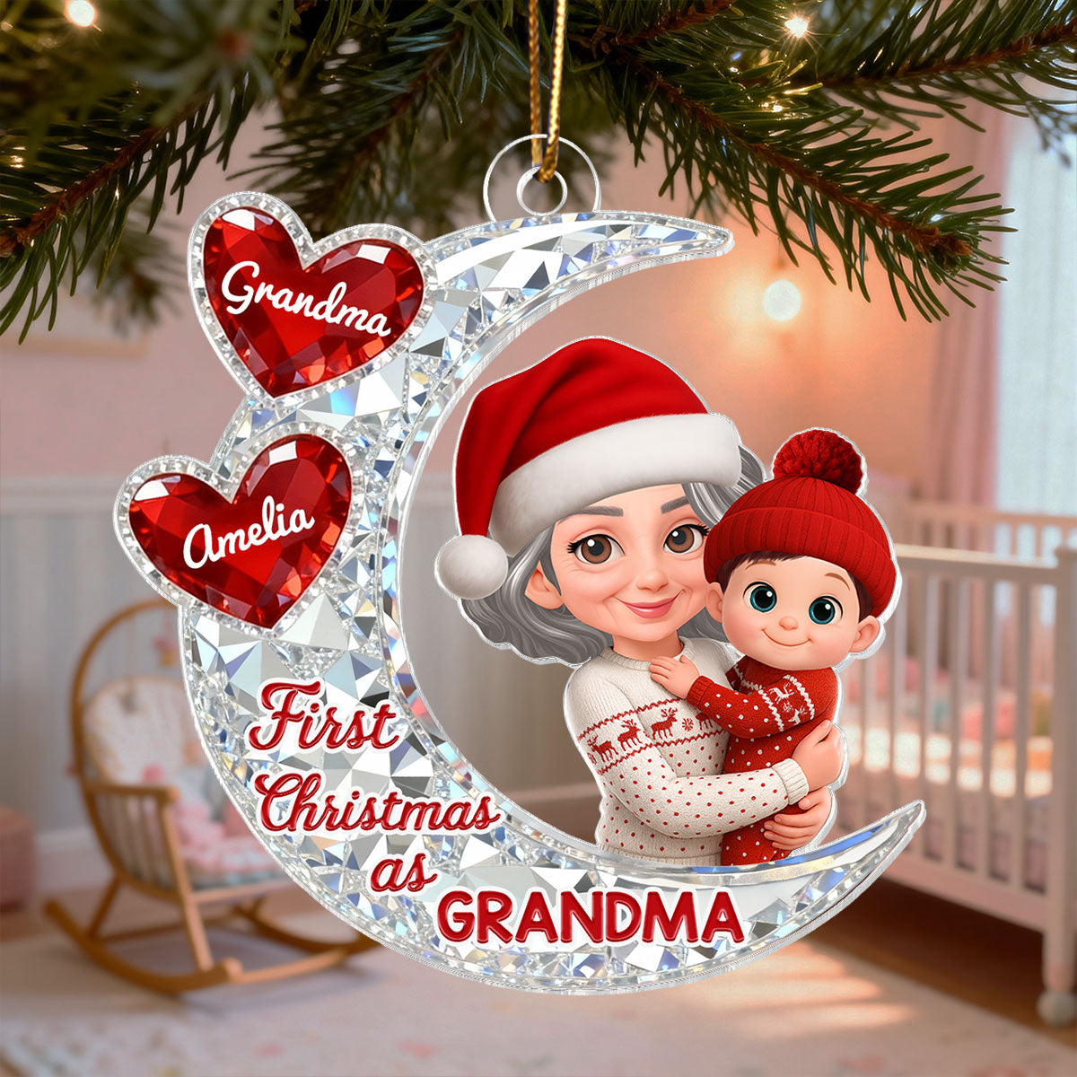 3D Effect Flat Moon First Christmas With New Baby - Personalized Acrylic Ornament - Christmas Gift For New Grandma, New Mom