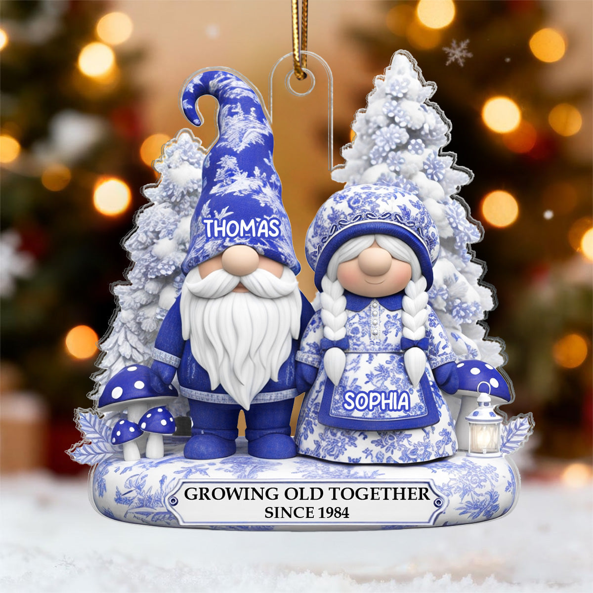 3D Effect Standing Gnome Couple Toile De Jouy Pattern - Personalized Acrylic Ornament