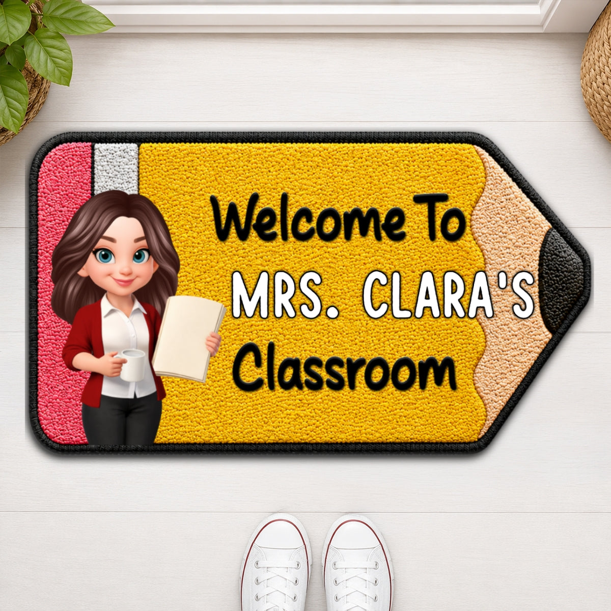 Happy Pencil Teacher Welcome To Classroom - Personalized Doormat - Back To School Gift For Teacher, Classroom Decor