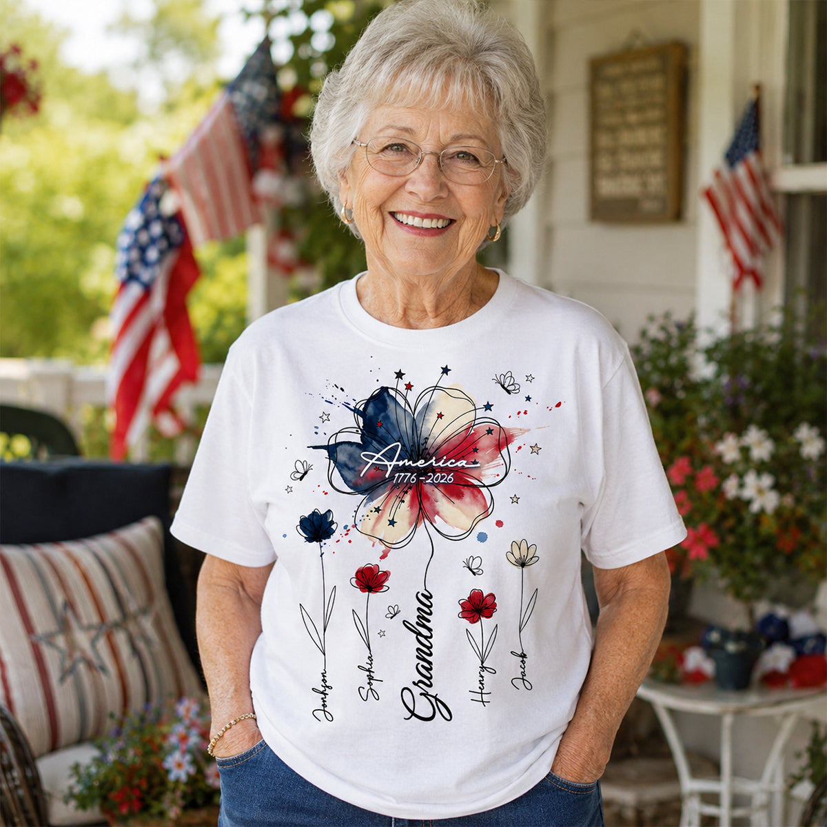 USA 250th Anniversary Floral Grandma - Personalized Shirt - Patriotic Gift for Grandma, Mom