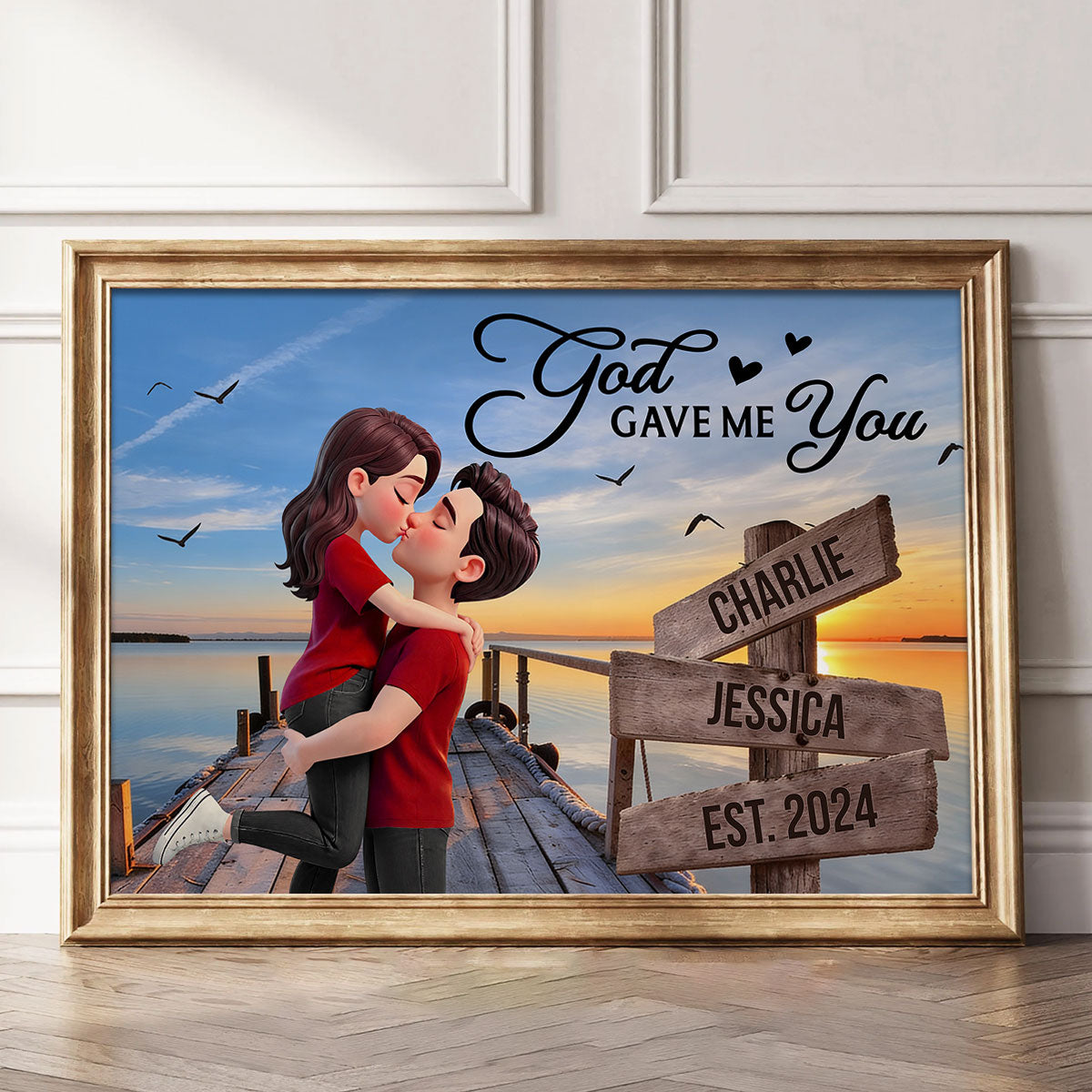 Eternal Love Couple Sitting At Lake Dock Sign Posts - Personalized Poster - Heartfelt Valentine, Anniversary Gift For Him, For Her