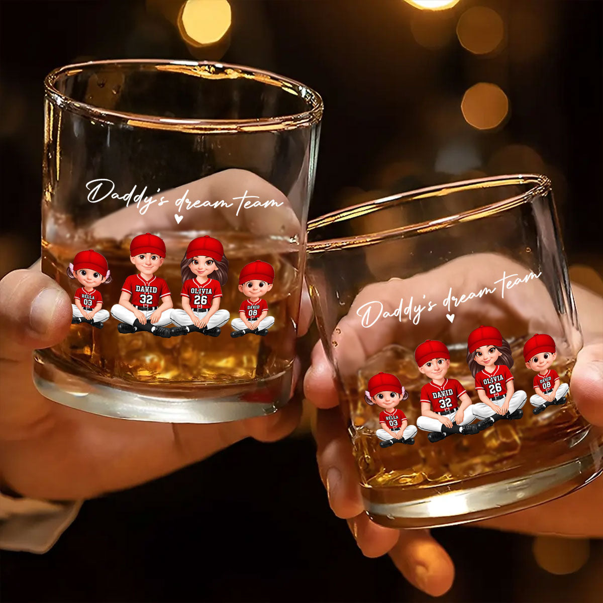 Daddy's Dream Team Baseball - Personalized Whiskey Glass - Father's Day Gift For Dad