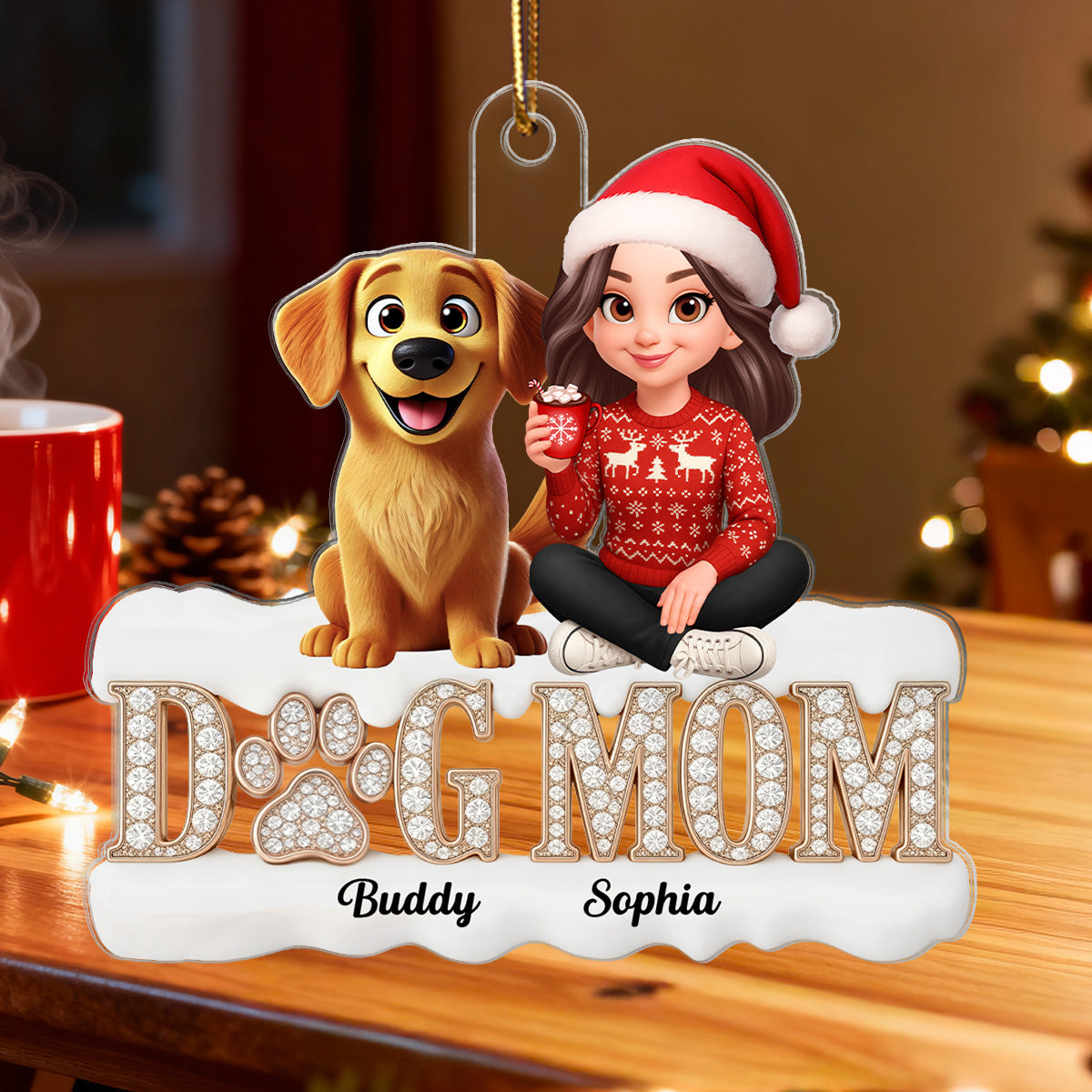 3D Crystal Shining Effect Christmas Dog Mom - Personalized Acrylic Ornament - Gift For Dog Lovers