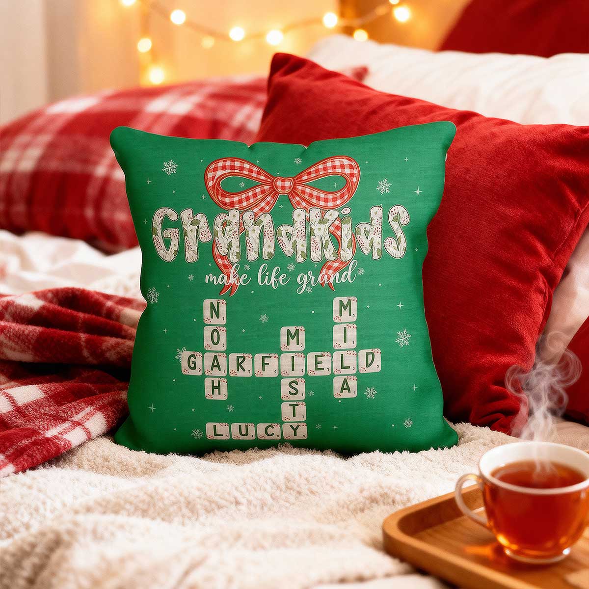 Grandkids Make Life Grand Coquette Floral Christmas Pattern Crossword Puzzle Art - Personalized Pillow