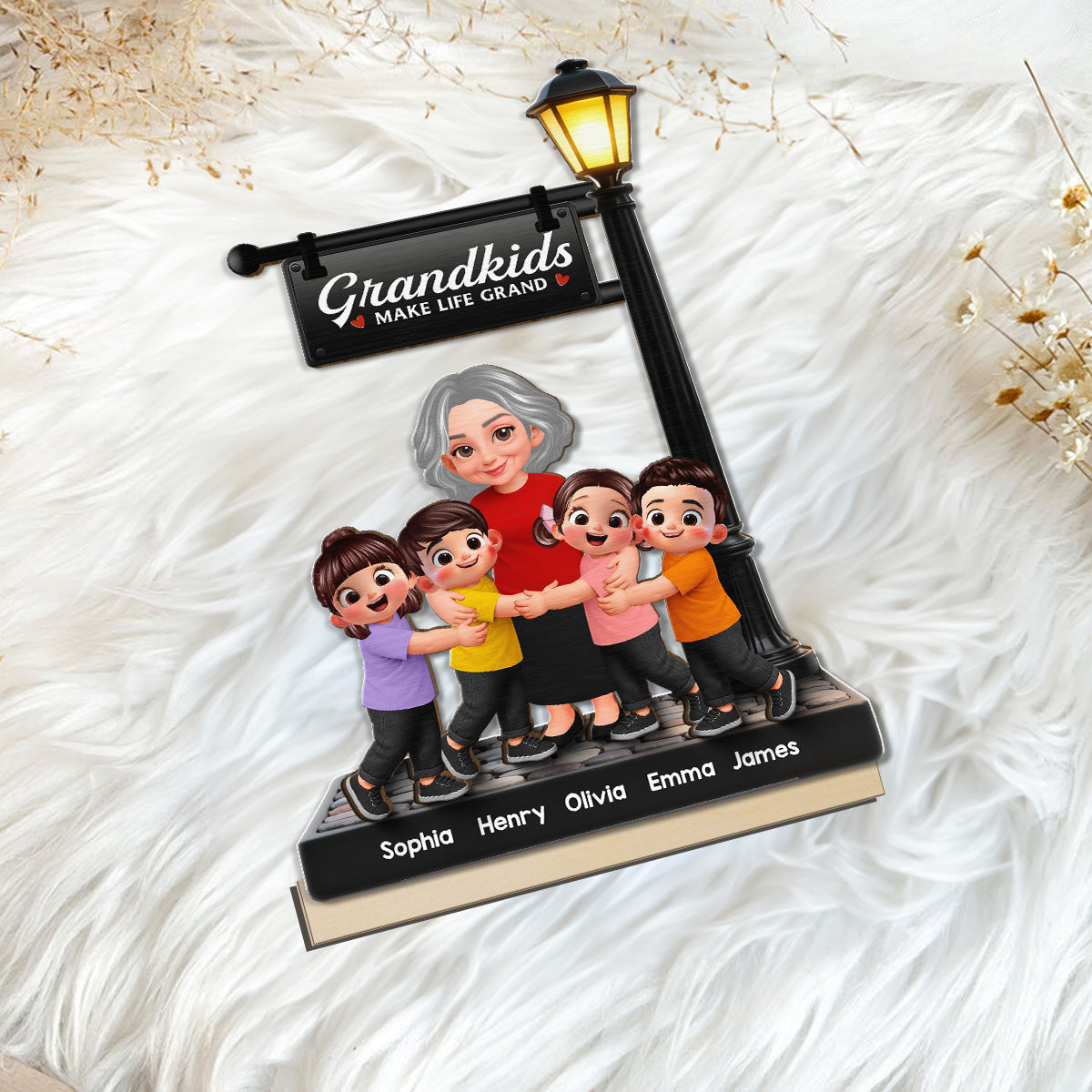 Grandma And Grandkids Happy Together Under Lamp Post - Personalized 2-Layered Wooden Plaque - Gift For Grandma