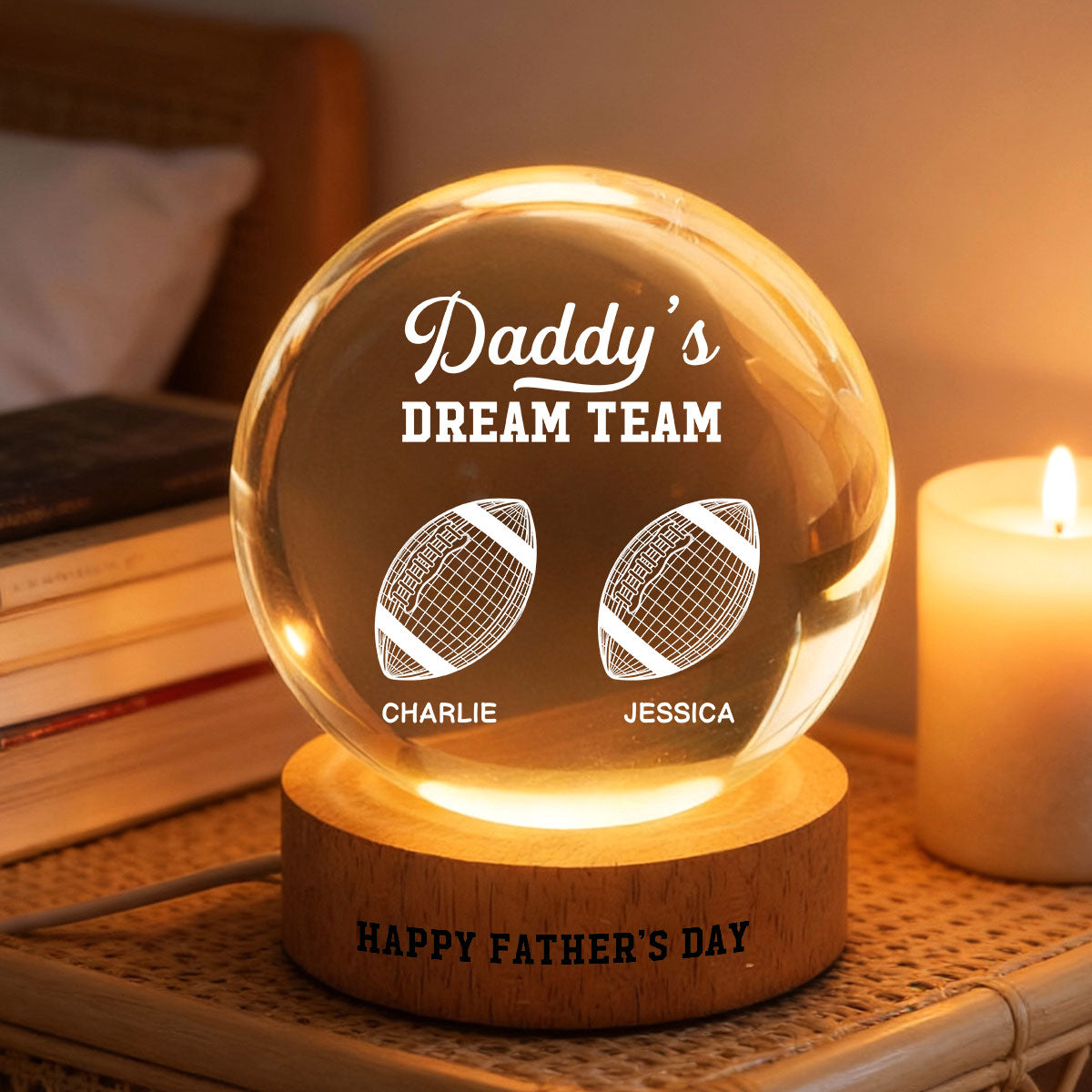American Football Daddy's Dream Team Illusion Style - Personalized Crystal Ball LED Night Light -  Gift For Dad, Husband