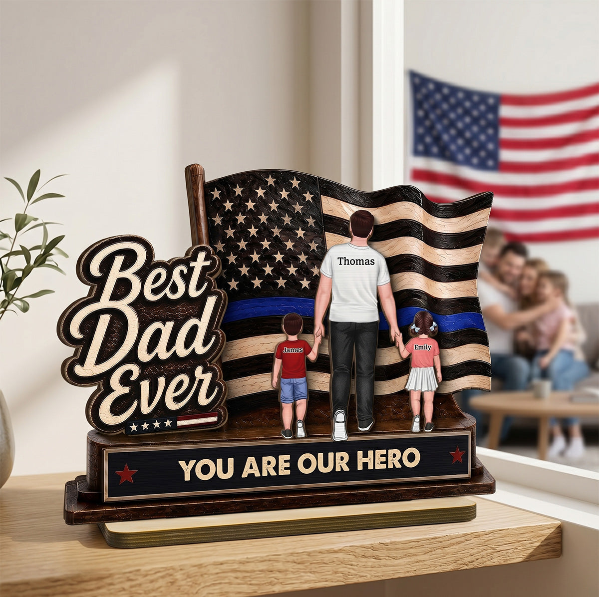 Best Dad Ever Our Hero American Flag 2D Flat - Personalized 2-Layered Wooden Plaque -  Gift For Patriotic Dad, Grandpa, Husband