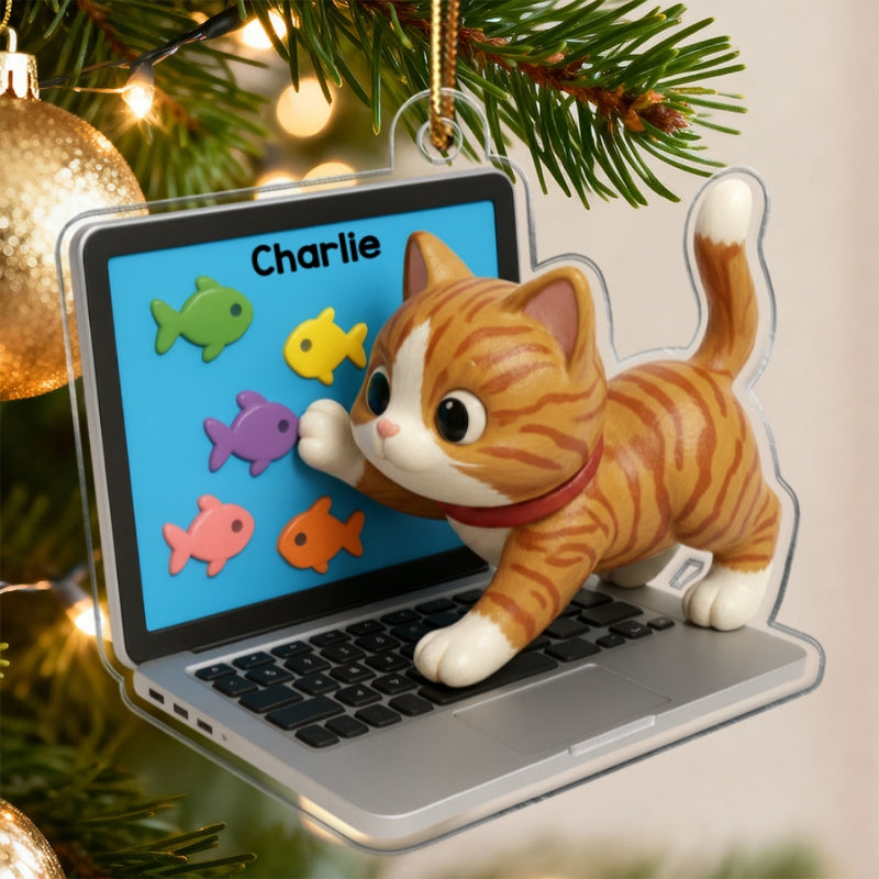 3D Effect Mischievous Kitten On Laptop - Personalized Acrylic Ornament - Gift For Cat Lovers