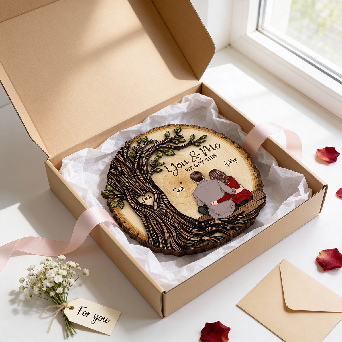 Couple Sitting Back View Under Heart Carved Tree - Personalized 2-Layered Wooden Plaque - Valentine's Day Gift For Couple