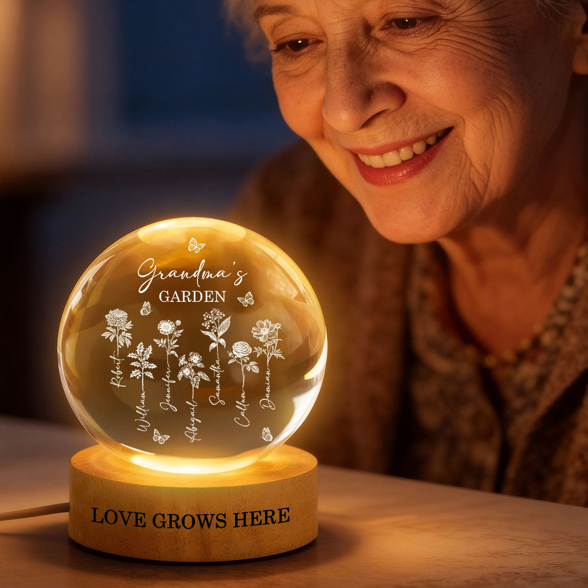 Grandma's Garden - Personalized Crystal Ball LED Night Light - Custom Birth Month Flowers, Heartfelt Gift for Grandma, Mom