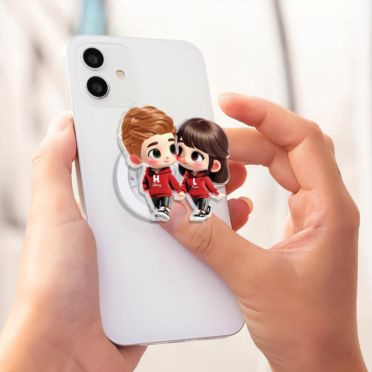3D Effect Cute Cartoon Couple Holding Hands - Personalized Acrylic Magnetic Phone Grip - Matching Phone Grips for Couples