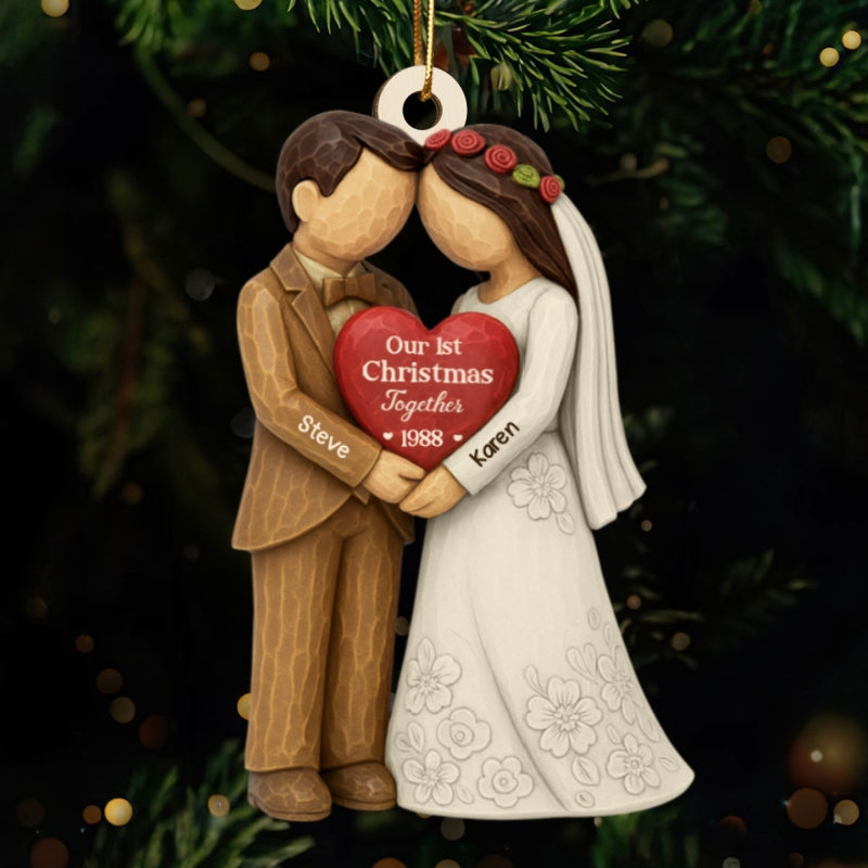 3D Effect First Christmas Married Engaged Couple - Personalized Wooden Ornament - Christmas Gift for her, for him, Newlyweds Gift