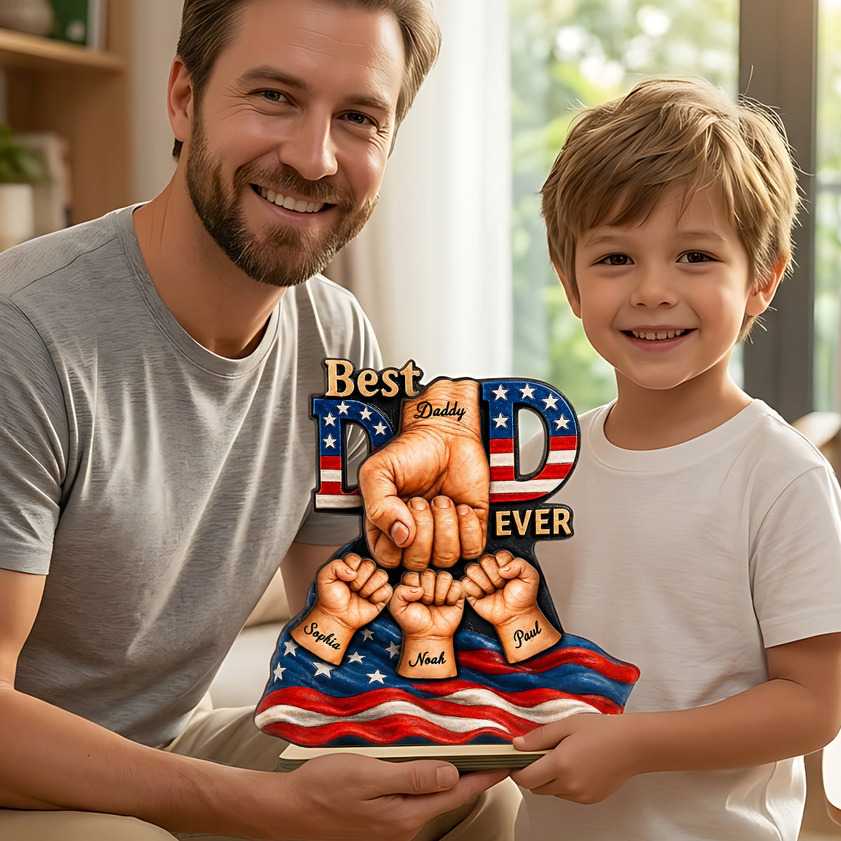 American Dad And Kids Fist Bump - Personalized 2-Layered Wooden Plaque -  Gift For Dad, Husband