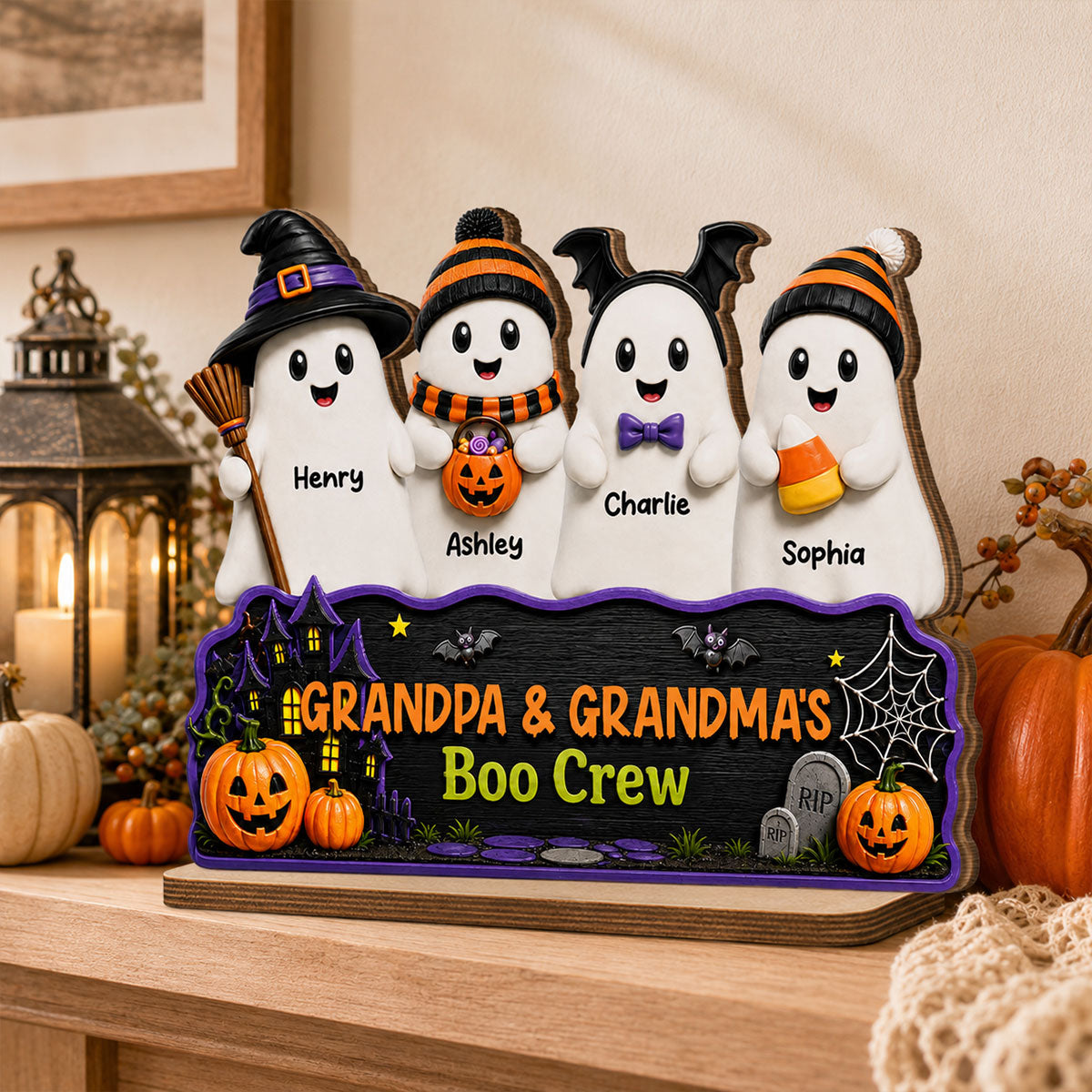 Halloween Grandma Grandpa Haunted House Cute Boo Crew Kids - Personalized 2-Layered Wooden Plaque - Halloween Decoration For Grandparents
