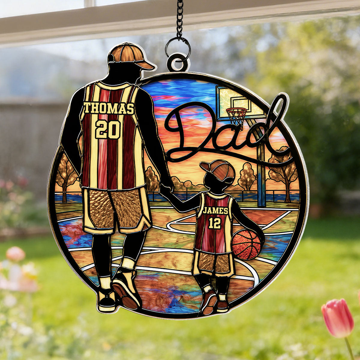 Basketball Dad & Kids 2D Flat - Personalized Suncatcher Ornament - Father's Day Gift For Basketball Dad