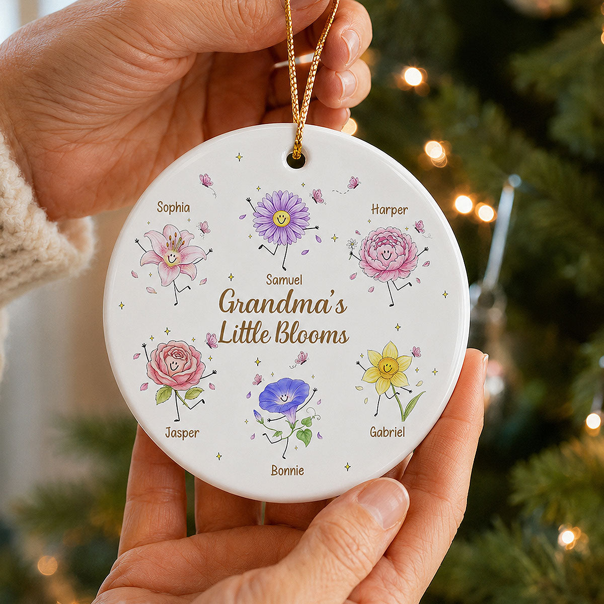 Grandma's Little Blooms Cute Doodle Birth Month Flowers - Personalized Ceramic Ornament - Home Decor Gift, Birthday Gift For Grandma
