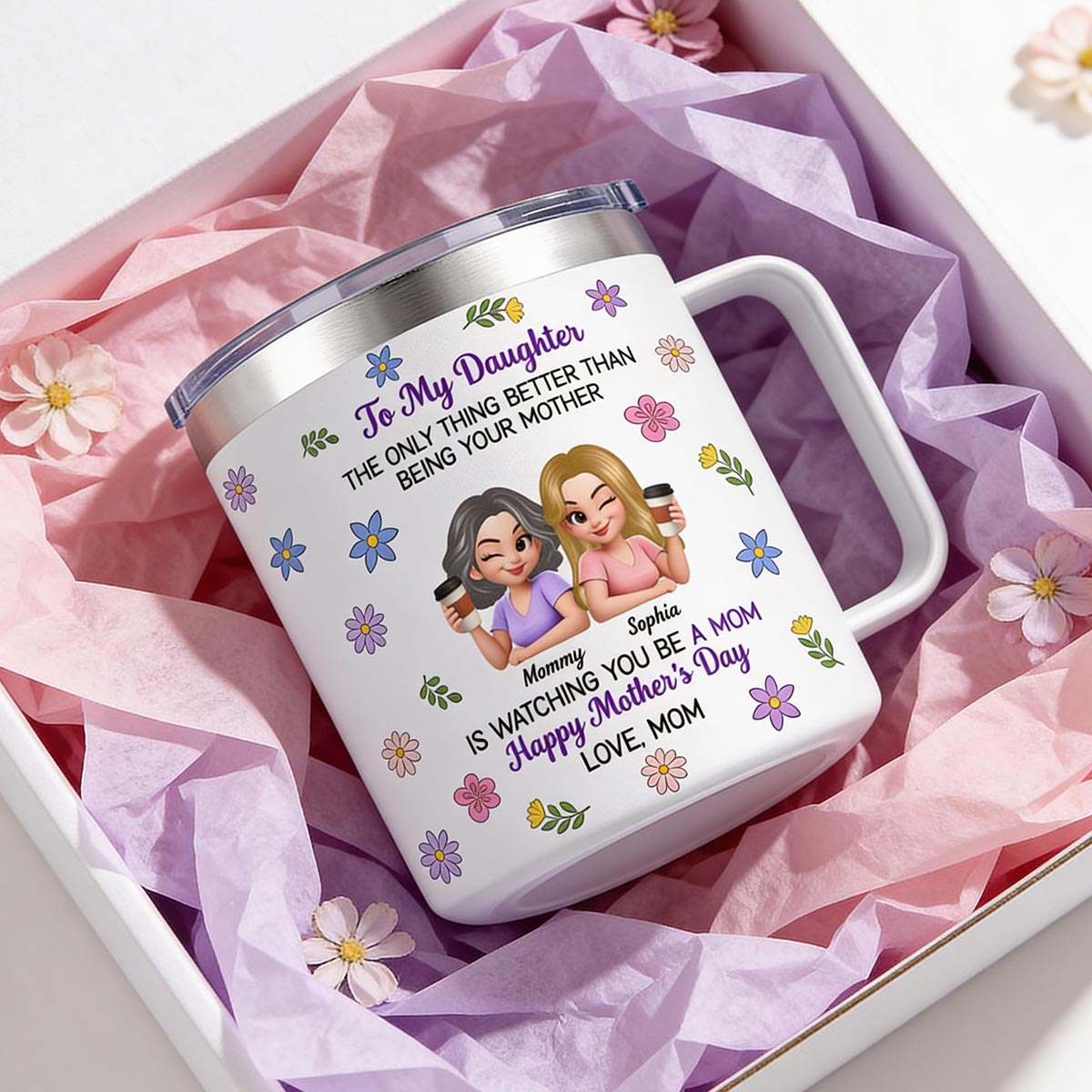 To My Daughter Floral 2D Flat - Personalized Tumbler With Handle - Heartfelt Mother's Day Gift For Daughter