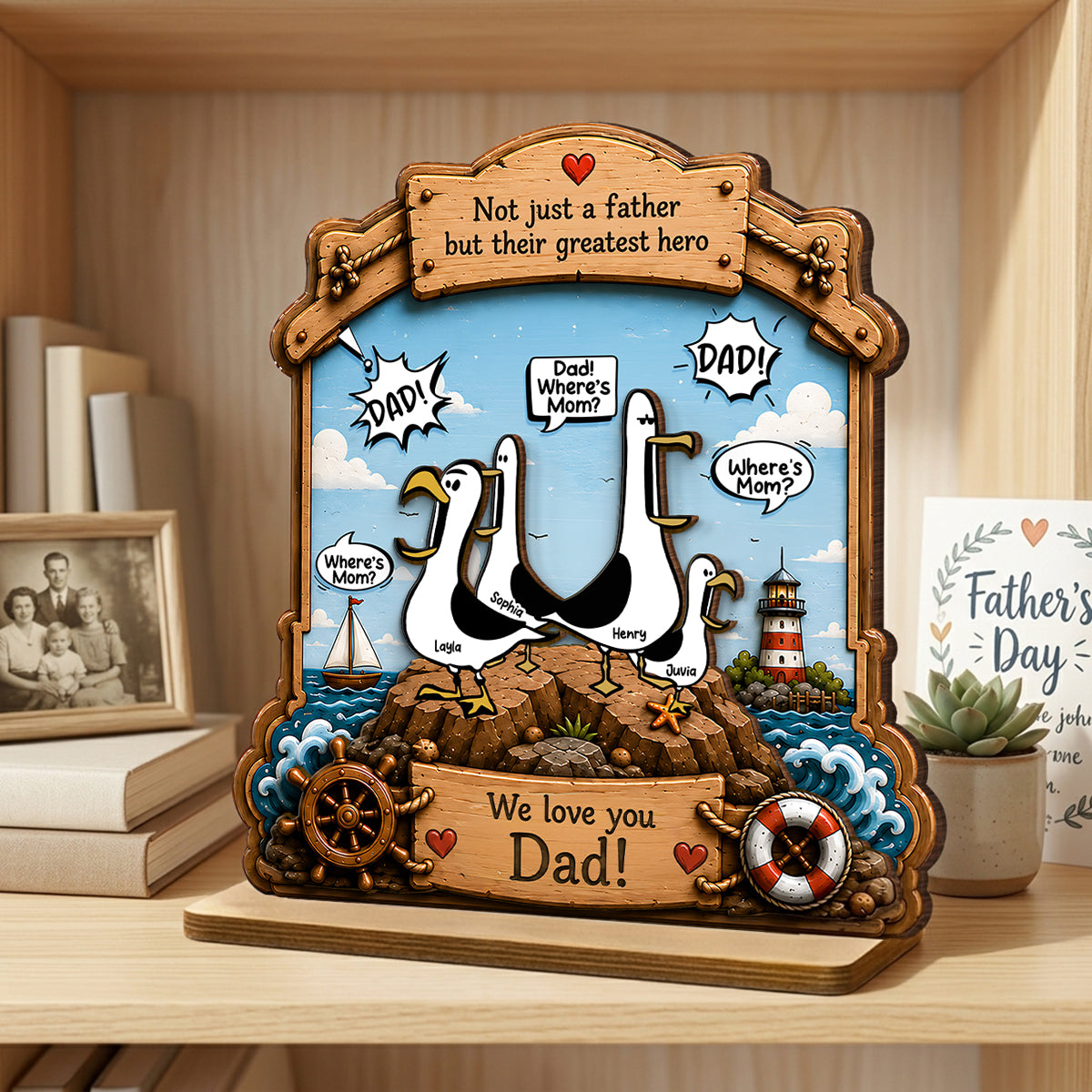 Funny Seagull Daddy Where's Mom - Personalized 2-Layered Wooden Plaque - Funny Gift For Dad, Husband