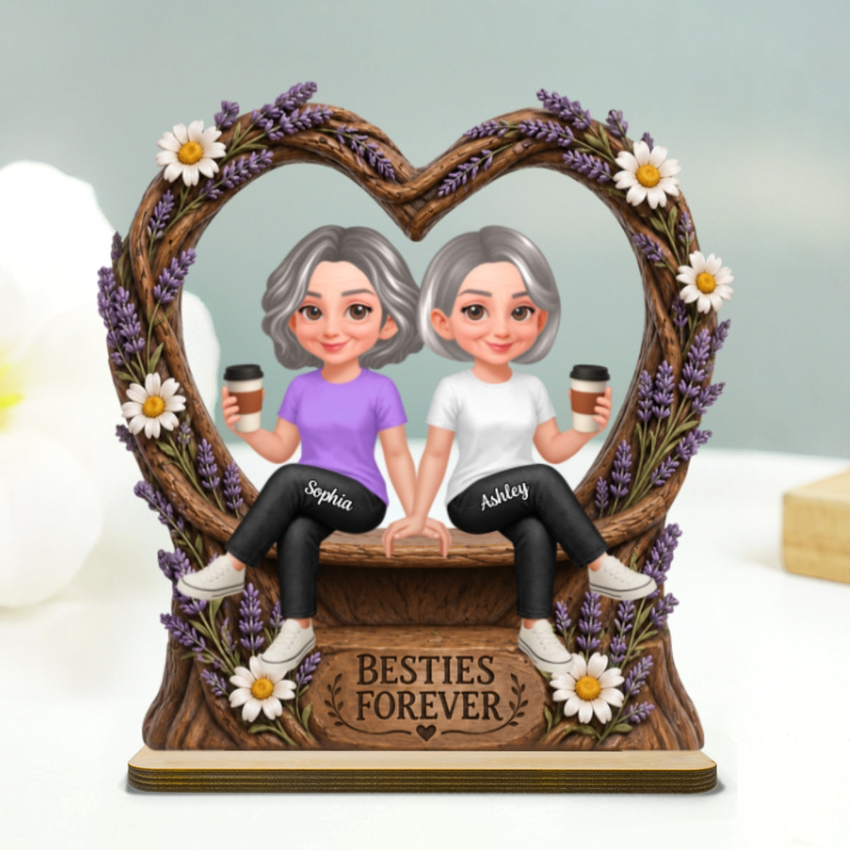 Lavender Flowers Besties Forever - Personalized 2-Layered Wooden Plaque - Birthday Gift, Gift For Best Friends