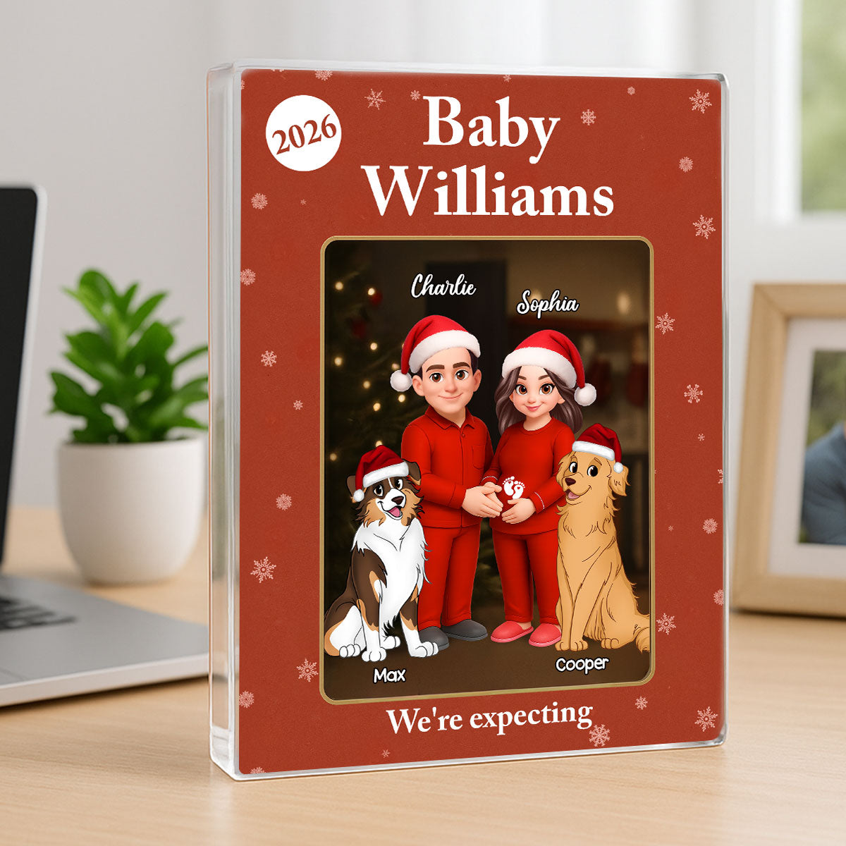 Expecting Parents Christmas Pregnancy Baby Arriving With Dogs Cats Custom Figure Style - Personalized Acrylic Block Plaque