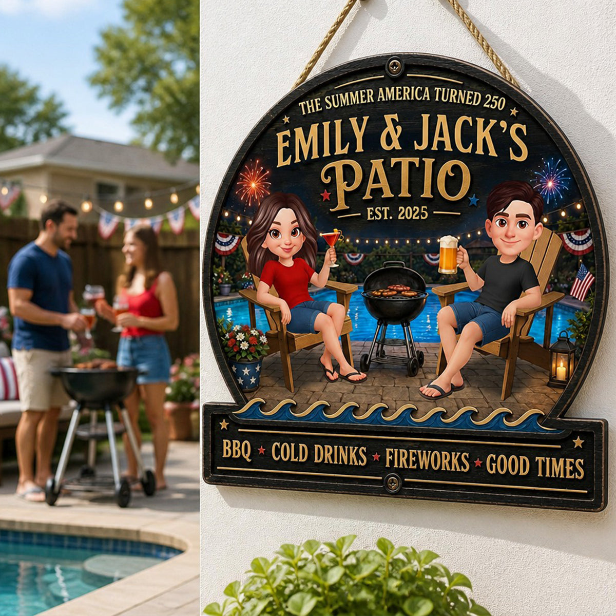 The Summer America Turns 250 Couple Pool & Patio - Personalized Wooden Sign - Summer Decor Gift for Her, for Him