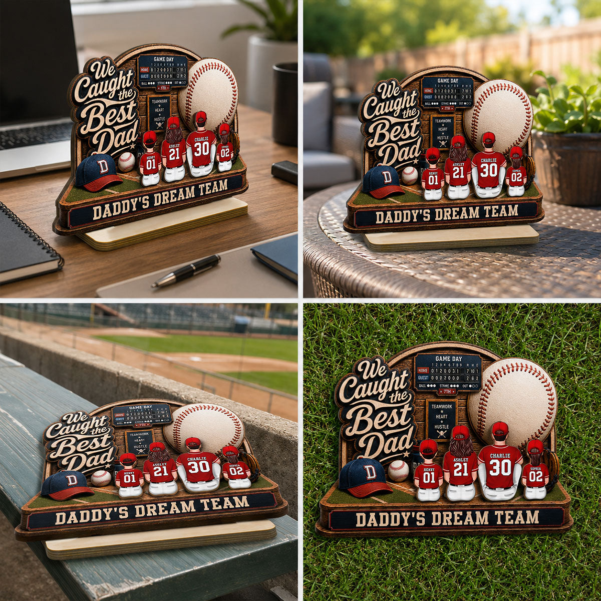 Baseball Things Dad & Kids Back View Sitting 2D Flat - Personalized 2-Layered Wooden Plaque - Happy  For Baseball Dad
