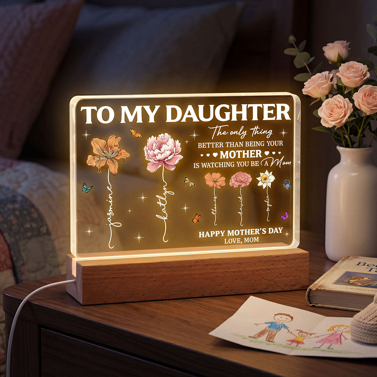 To My Daughter Mom And Daughter Custom Birth Month Flowers Kids Names - Personalized Acrylic Block LED Night Light - Mother's Day Gift For Daughter