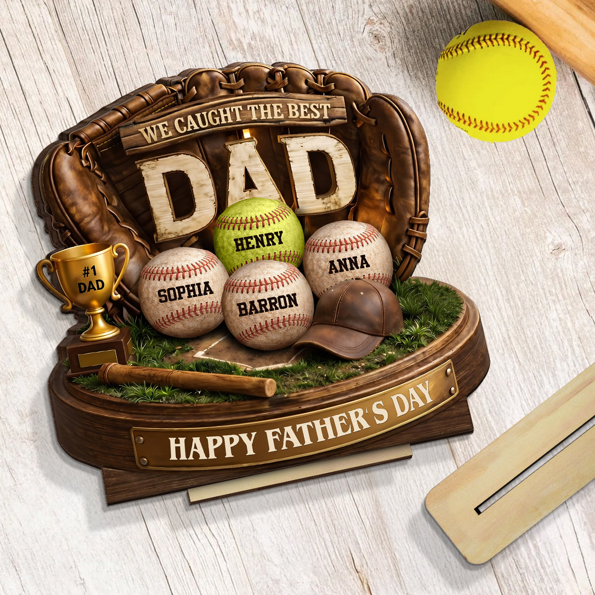 We Caught the Best Baseball Dad - Personalized 2-Layered Wooden Plaque -  Gift for Dad, Husband