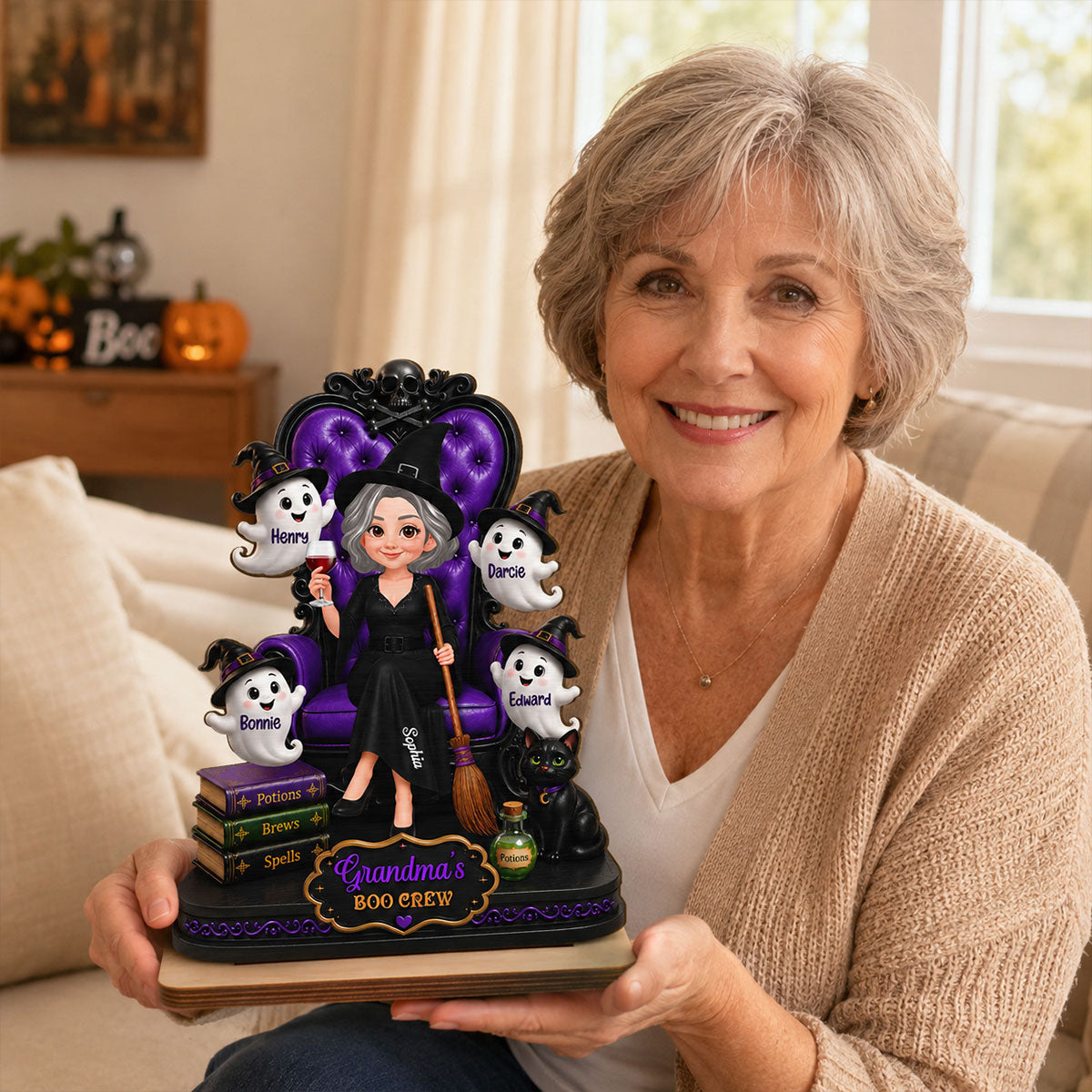 Grandma Witch Sitting On Chair 2D Flat - Personalized Wooden Plaque - Halloween Decoration