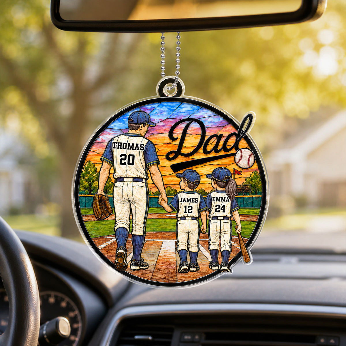 Baseball Dad & Kids 2D Flat - Personalized Acrylic Car Ornament - Father's Day Gift For Baseball Dad