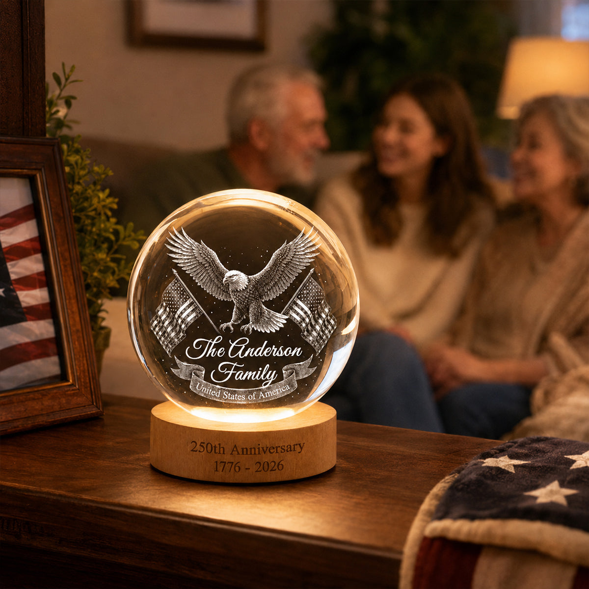 United States of America 250th Anniversary - Personalized Crystal Ball LED Night Light - Custom Family Name