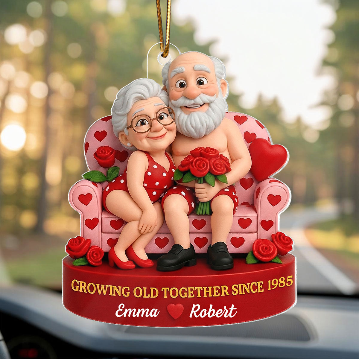 Funny Old Couple Growing Old Together - Personalized Acrylic Car Hanger - Valentine's Day Gift for him, for her