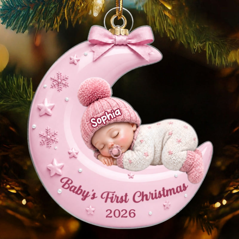 Pastel Pink Baby On Moon - Personalized Acrylic Ornament - Unique Christmas Gift For New Parent, Newborn Keepsake
