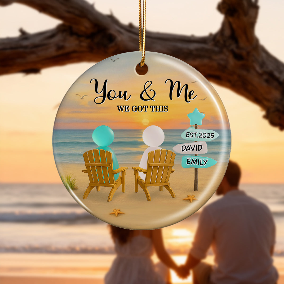 3D Effect Sea Glass Couple Romantic Beach Landscape Sign Posts - Personalized Ceramic Ornament - Heartfelt Christmas Gift For Couple