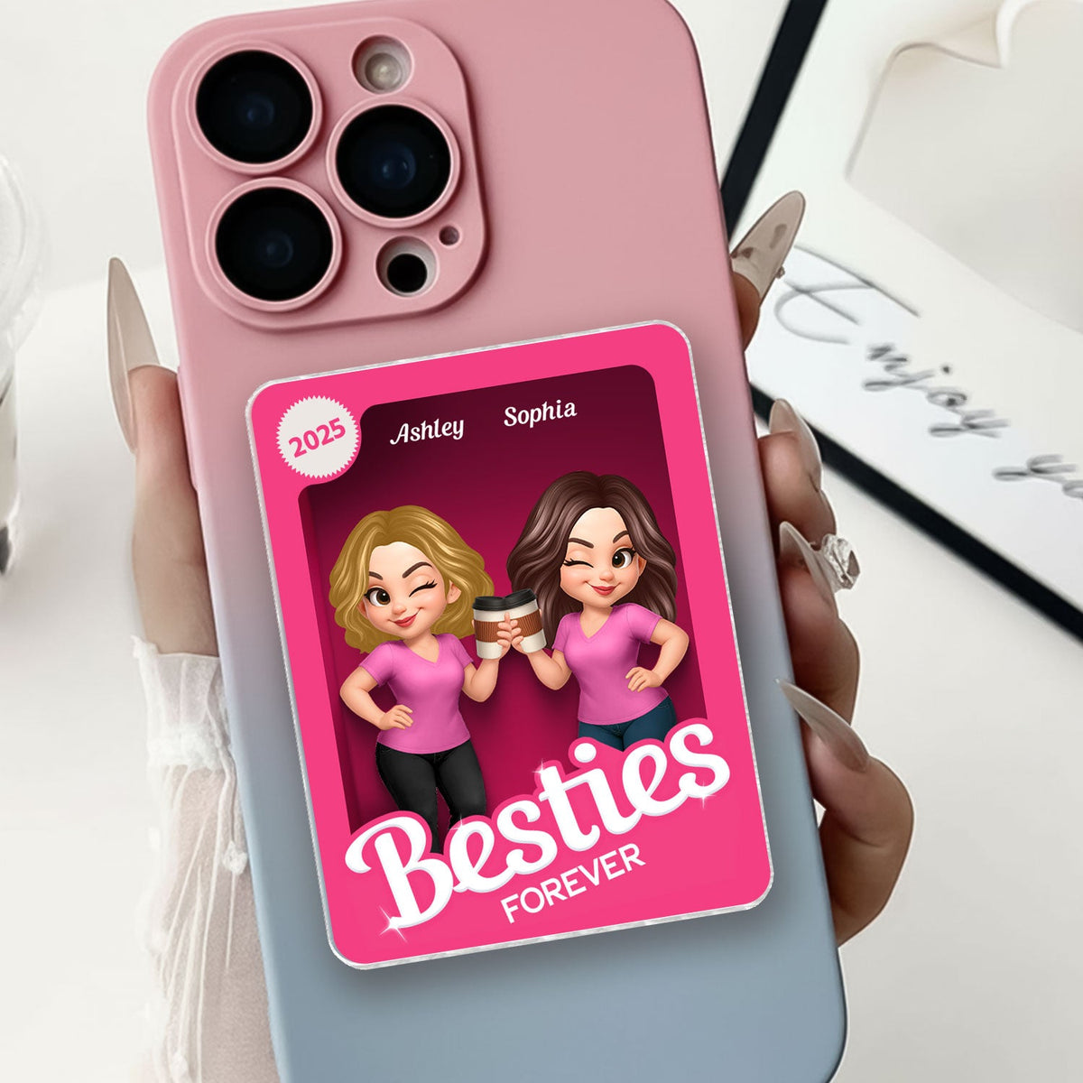 Besties Forever Pink 3D Effect Action Figure – Personalized Acrylic Magnetic Phone Grip – Gift for Best Friends, Matching Phone Grips